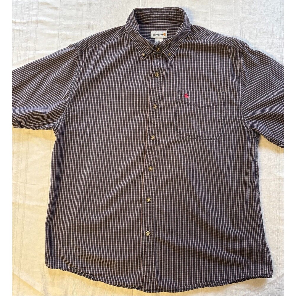 Carhartt Mens XL Button Down Shirt Short Sleeve Navy Red Check Plaid Cotton Pock